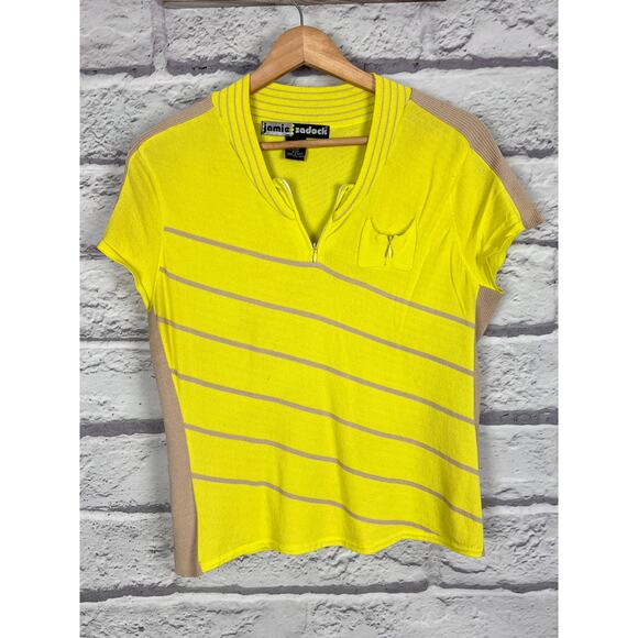 JAMIE SADOCK Women's M‎ Yellow Tan Striped Nylon Blend Performance Zip Golf Top - Picture 2 of 8